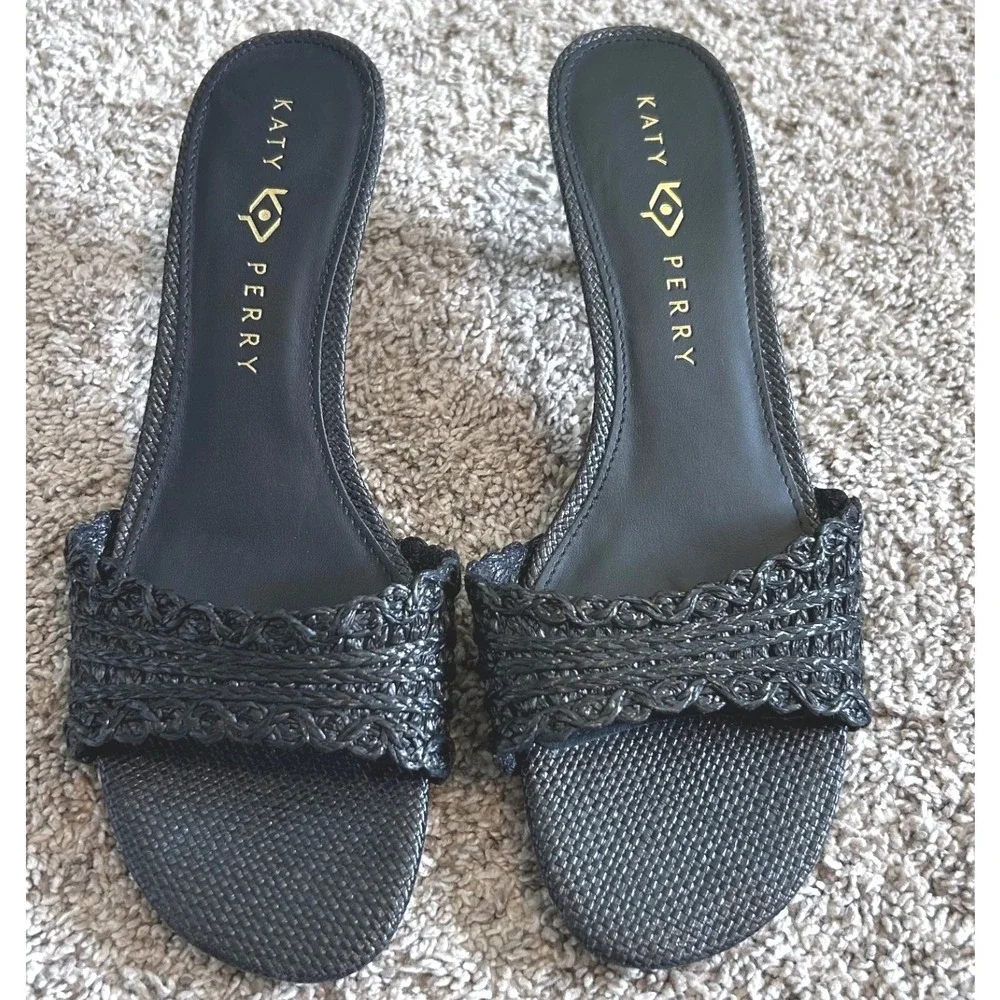 Katy Perry The Flouwerwoven Scandi‎ Black Braided Kitten Heel Sandals SZ 10M